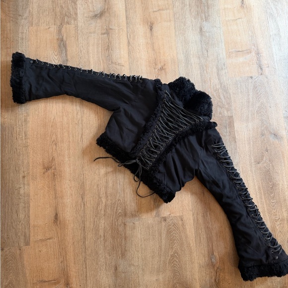 Black Cropped Jacket with Lace-Up Sleeves - Picture 2 of 7